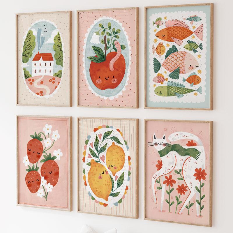 Colorful Cat Rabbit Lemon Apple Flower Leaf Wall Art Canvas Painting Abstract Cartoon Posters Prints Pictures Kids Room Decor