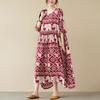 Real Shot Summer New Literary Large Size Loose Cotton Silk Printed Short-sleeved Dress Women's Long Dress