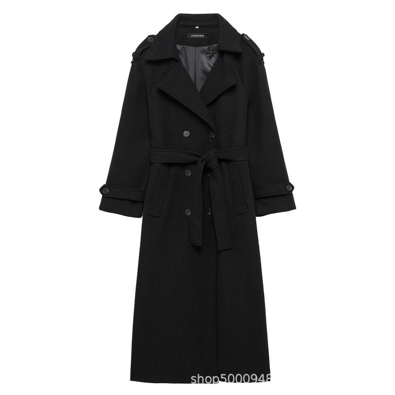 Womens Winter Wool Blend Double-Breasted Trench Coat Longline Classic British Style Streetwear Outerwear
