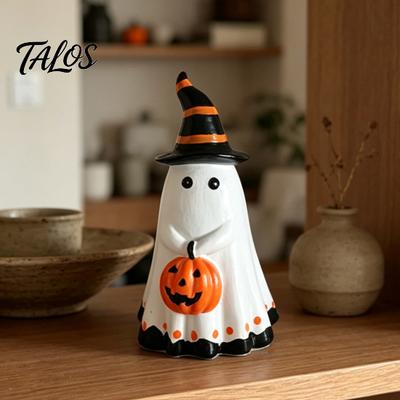 Figurka Halloweenského ducha s čarodějnickým kloboukem, Roztomilý malý pryskyřičný duch držící dýni, Soška pro dekoraci domova, stolu, poličky, pracovního stolu