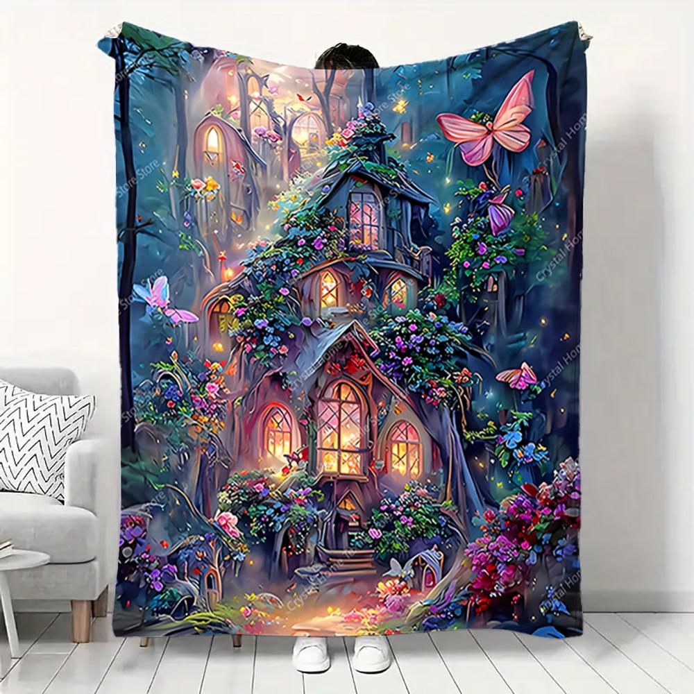 Flannel Enchanted Castle Pattern Blanket 3D Print,Soft Fleece Throw Blanket for Sofa Bed Travel Camping,Office Couch Chair Bed