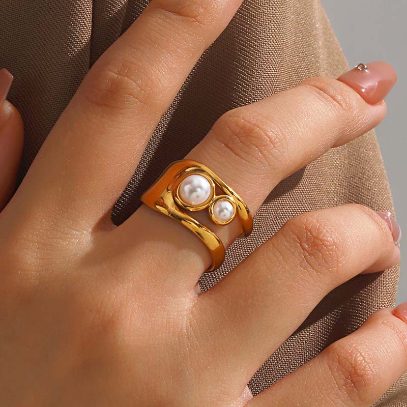 Vintage Stainless Steel Wide Thick Rings for Women Men Classic Imitation Pearl Hollow Opening Rings Charm Banquet Jewelry Gifts