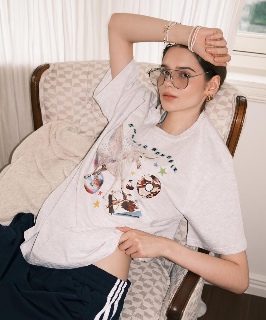 RUSTIC REVERIE Unicorn Oversized T-Shirt_White Melange