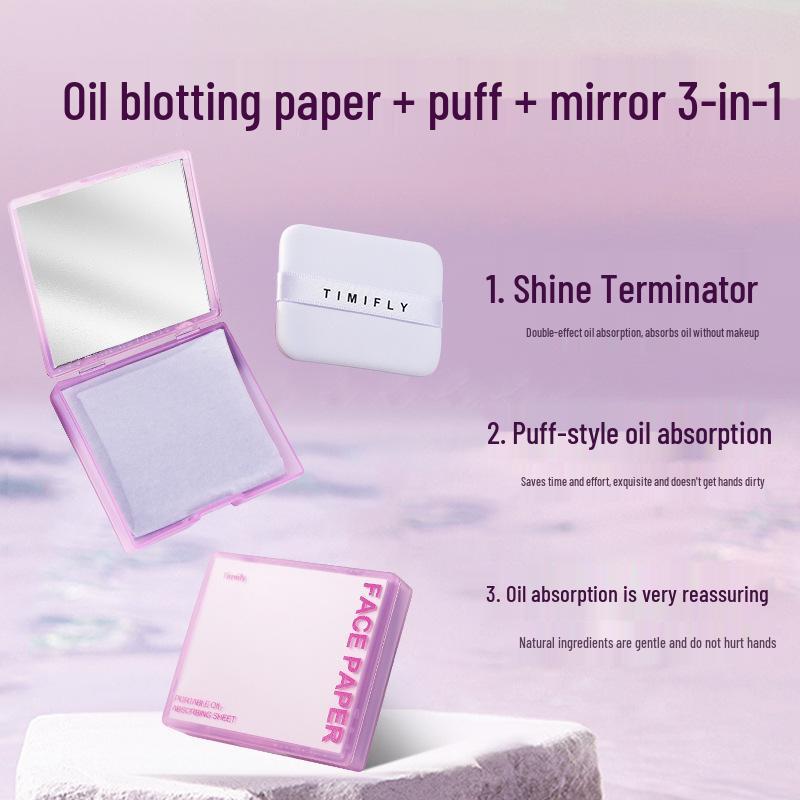Timifly Puff-Style Oil-Absorbing Sheets with Mirror Box - 100 Sheets, Portable, Makeup-Safe