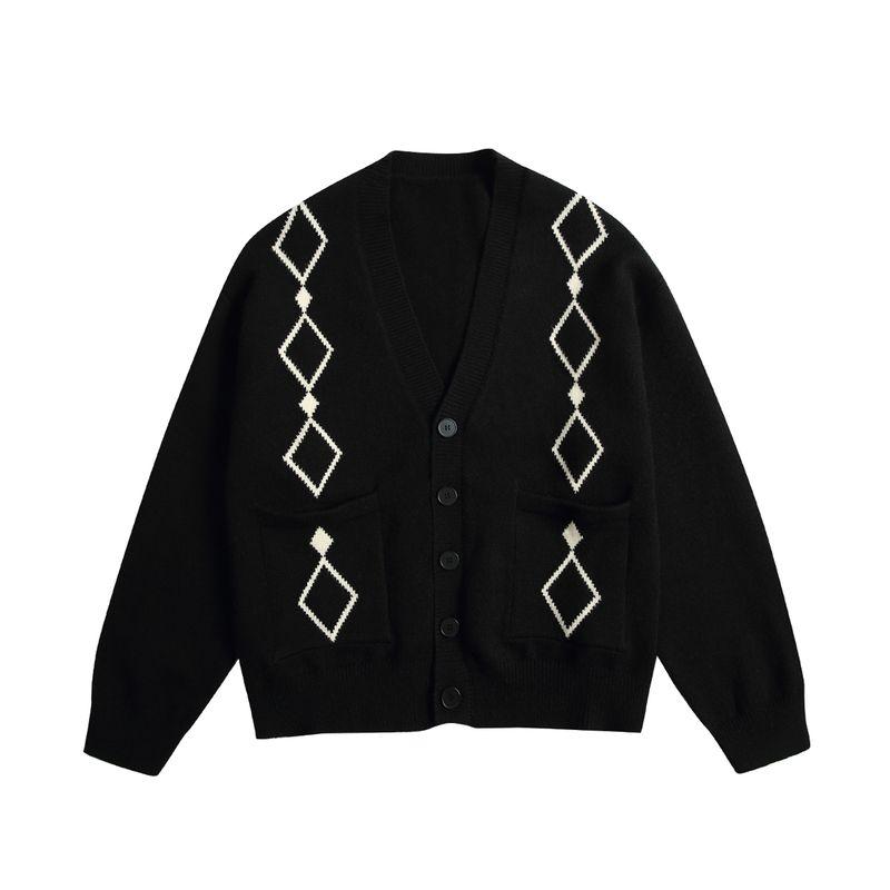 

Кардиган-ветровка в университетском стиле с ромбовидным узором и V-образным вырезом, унисекс, осенне-зимний стиль, ленивый стиль, колор-блокинг, свитер крупной вязки Black L