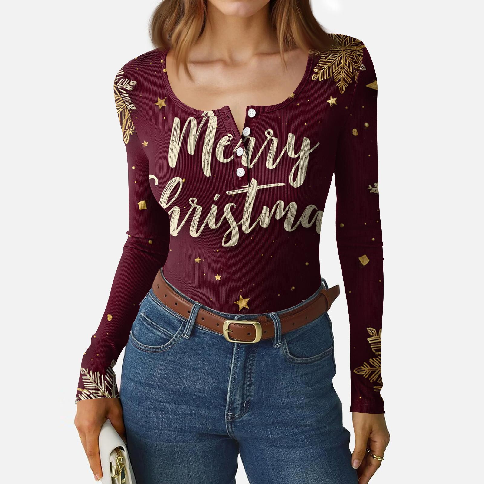

Women s Casual Fashion Christmas Print Button Long Sleeve Top M