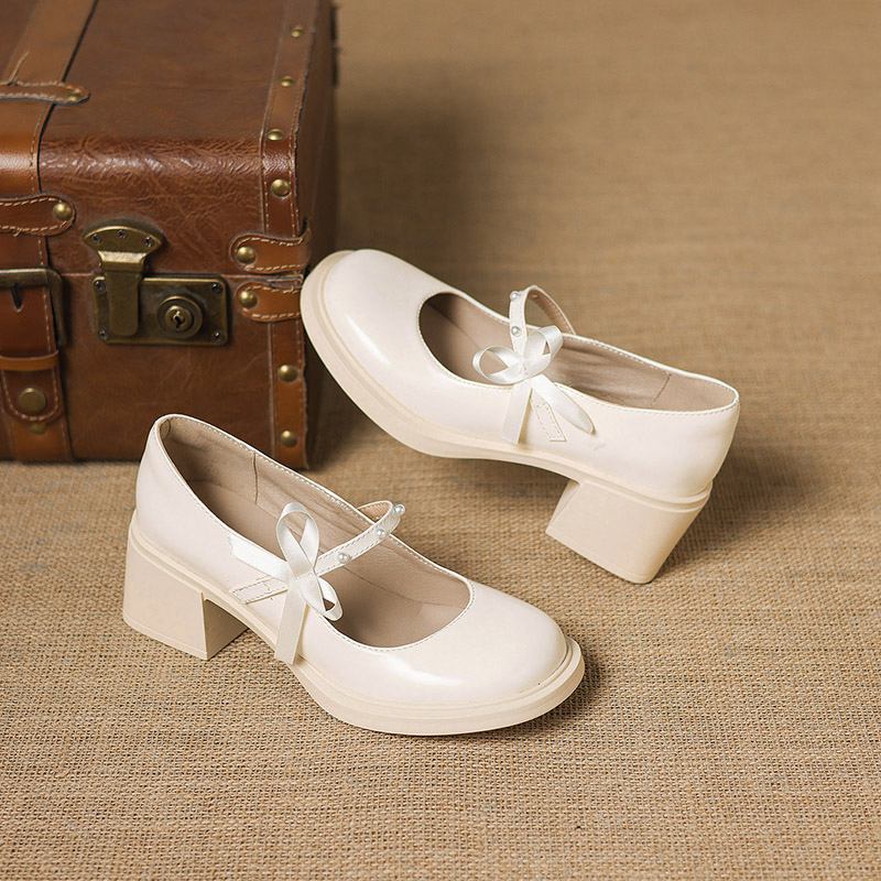 Krazing Pot Microfiber Round Toe Thick Med Heels Spring Summer Shoes Big Size 43 Pearl Bowtie Women Platform Pumps