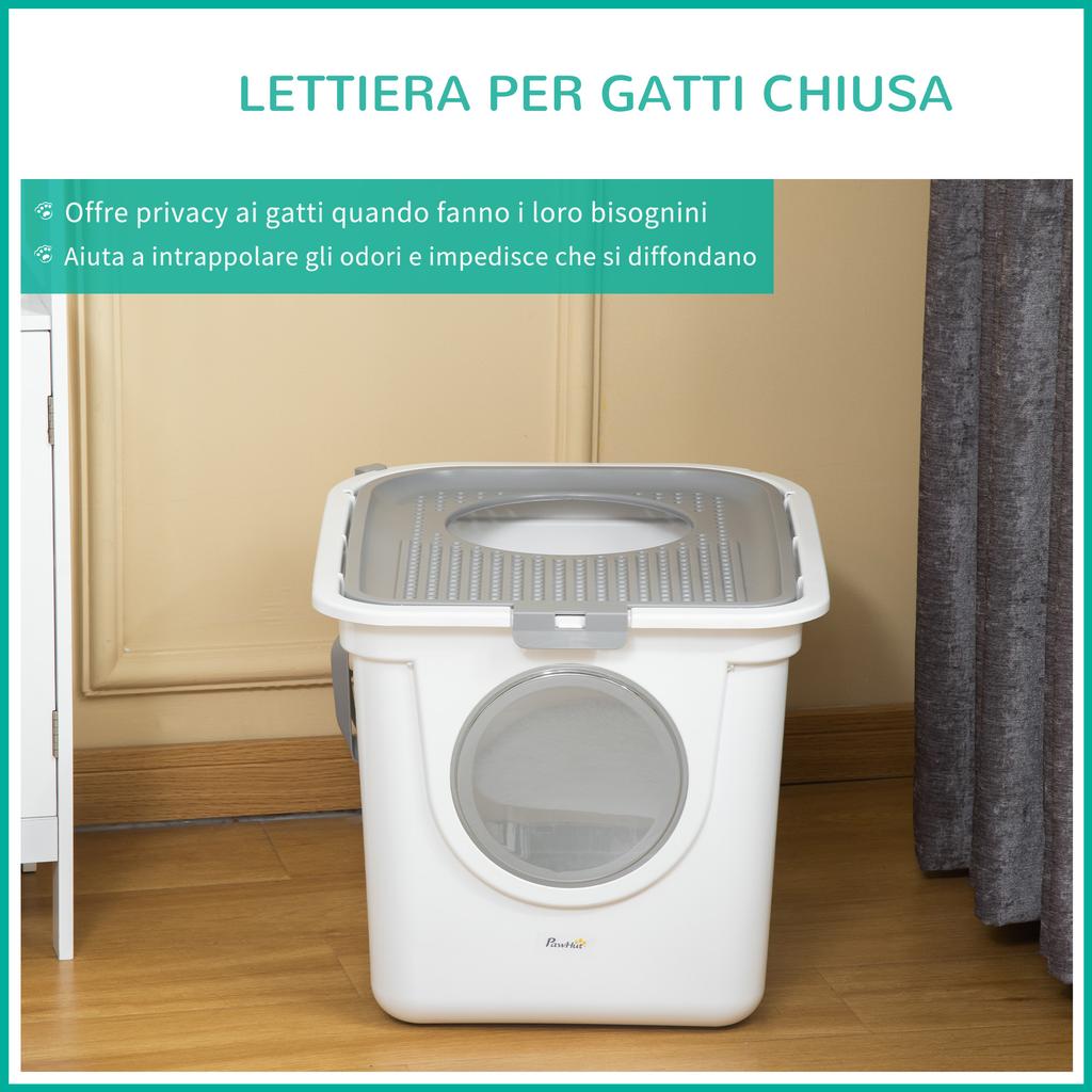 Enclosed Cat Litter Box with 2 Entrances, Tray and Scoop, Made of PE Plastic, 44x55x39 Cm, White