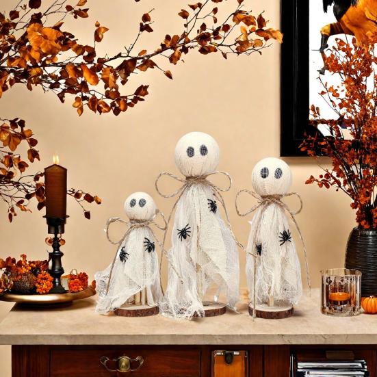 3Pcs Rustic Halloween Ghost Decor Handcrafted Wooden And Fabric Ghost Figurines 3 Sizes Farmhouse Style Shelf Decorations Party Supplies