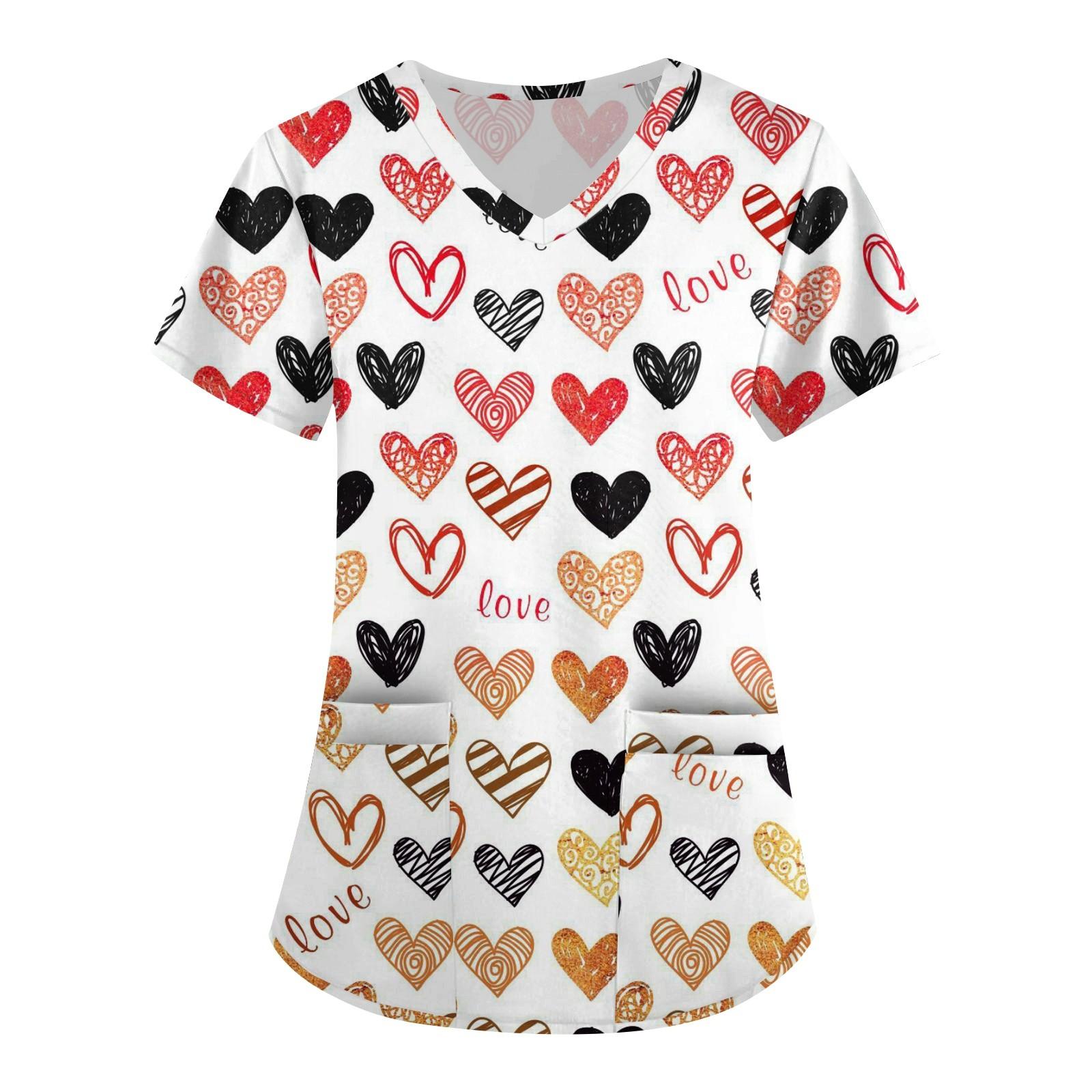 

Женская симпатичная принтованная рабочая одежда с V-образным вырезом, двухслойными карманами, базовым коротким рукавом, пуловером ко Дню святого Валентина XL жёлтый