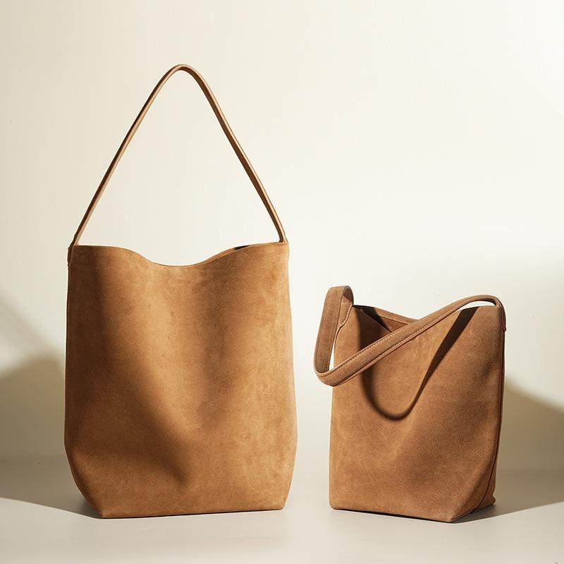 Vintage suede commuter bucket bag, frosted cowhide large-capacity portable shoulder tote bag.