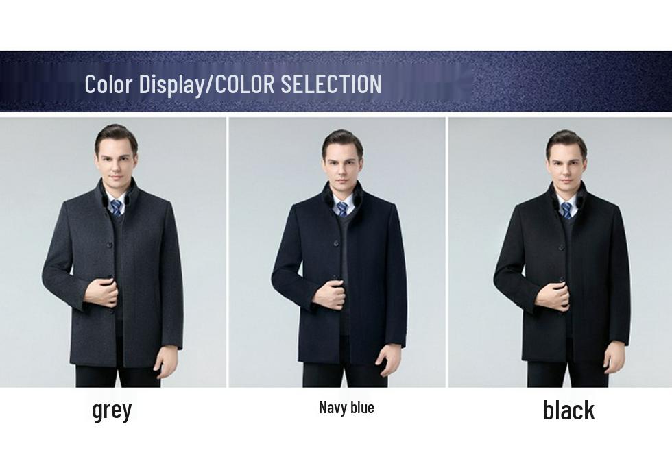 Men's Double-Faced Wool Coat with Detachable Down Lining, Wool Blend, Stand and Fur Collars, for Middle-Aged and Elderly.