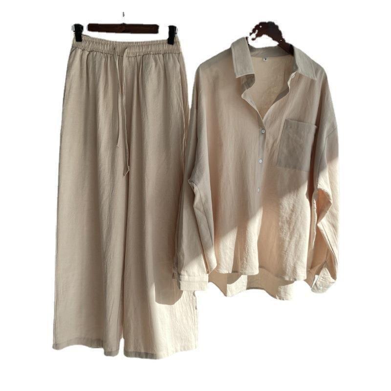 Spring Fashion Plus Size Women's Two-Piece Set: Cotton Linen Shirt & High-Waisted Loose Trousers