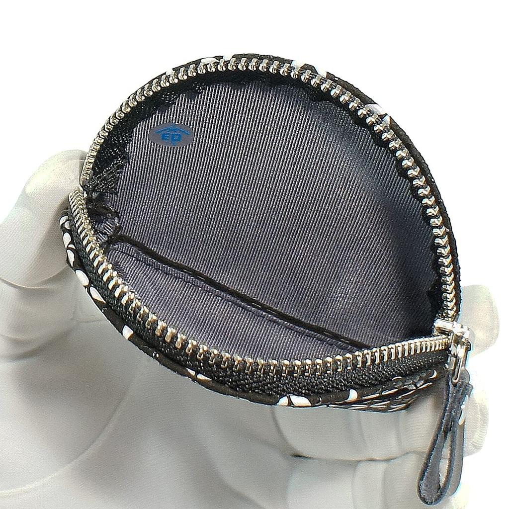 Indenya Inden Coin Purse, Deerskin Leather, Soft, Shippo Pattern, Black with Black Lacquer and White Chintz, 8801
