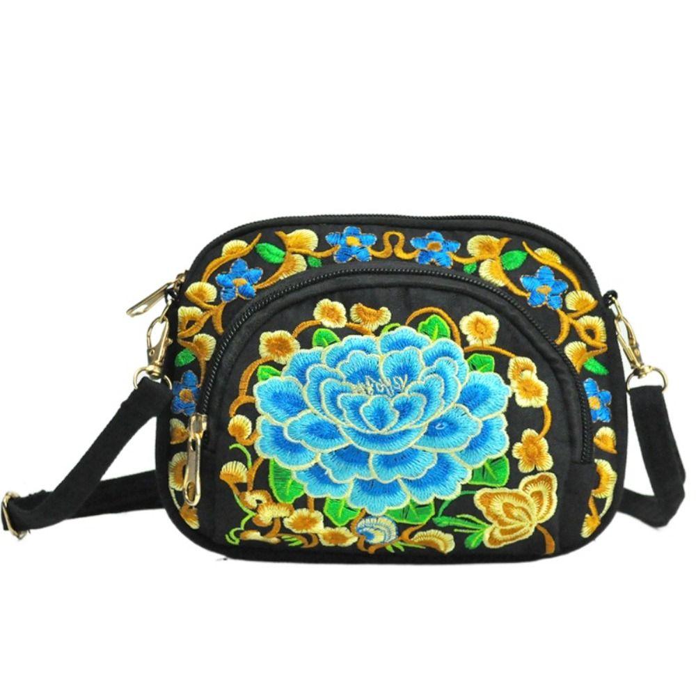 Peony Embroidery Flower Shoulder Bag Canvas Zipper Flower Purse Wallets  Daily