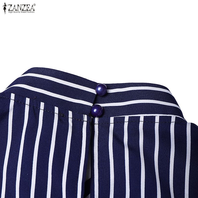 ZANZEA Women Casual Stand Collar Loose Nine Quarter Sleeve Retro Stripe Long Dress