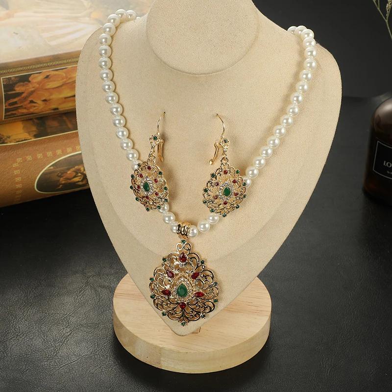 

Classic Moroccan Style Luxury Women s Crystal Flower Jewelry Set Women s Wedding Pendant Earrings White Pearl Chain Necklace