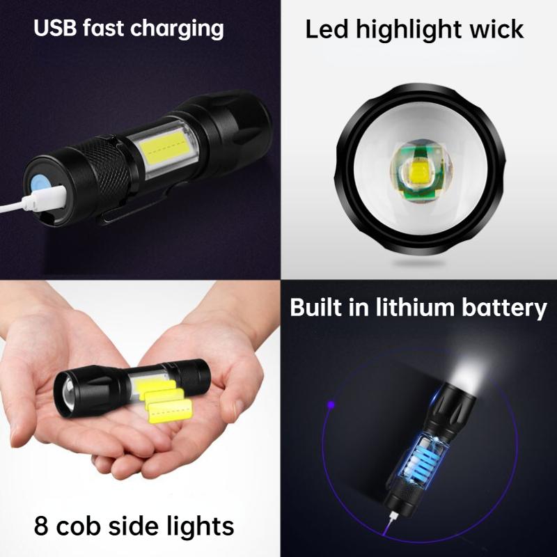 Outdoor Mini Portable T6 Flashlight USB Charging Small Flashlight Outdoor LED Camping Light Work Light with COB Side Lights