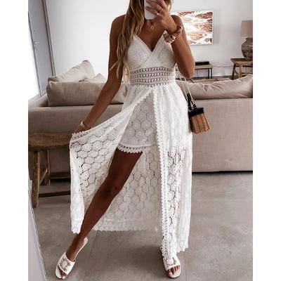 Summer V Neck Solid Color Lace Hollow-Out Sleeveless Sling Party Wear High Waist Rompers Holiday Casual White Women's Jumpsuit