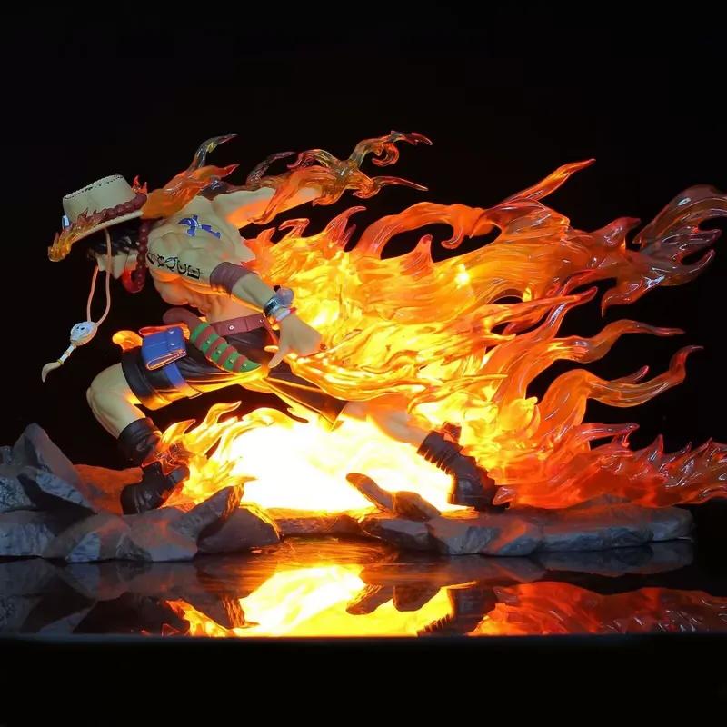 One Piece Fire Drift Ace LED Light Up GK Figure Portgas D Ace Flame Effect Statue Collectible Anime Model Ornament Toy Boy Gift