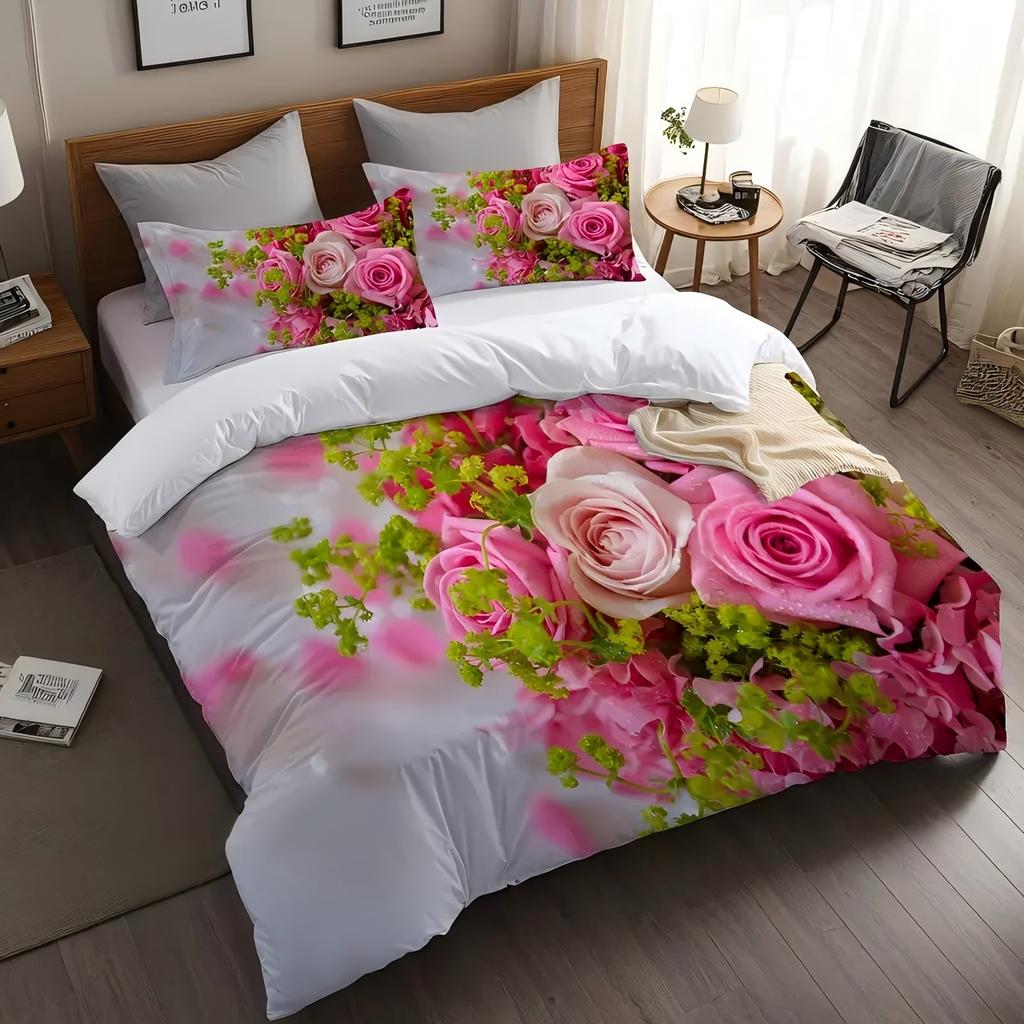 Pink Rose 3D Printed Quilt Cover Elegant Romantic Love Garden Country Style Duvet Cover Soft Comfortable Bedding Set Pillowcases