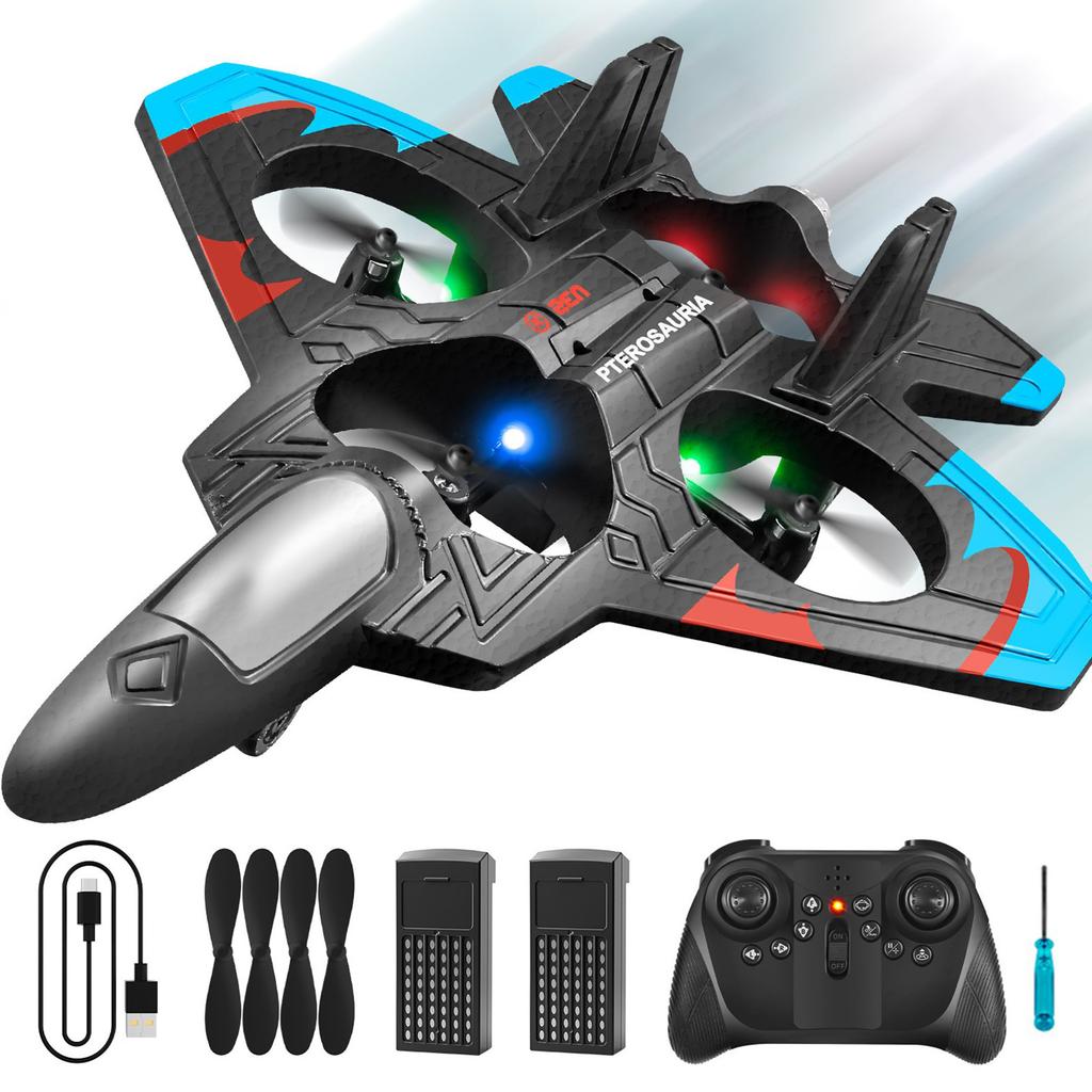 Foam Remote Control Jet Fighter Stunt Plane with LED Lights Remote Control Toy for Boys Ages 6-14