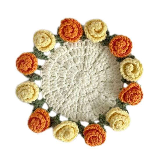 Handmade Crochet Flower Coasters Vintage Rose Flower Bouquet Coaster Unique Coffee Table Decor Accessories