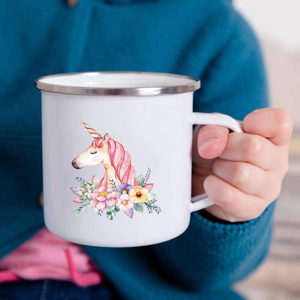 Cartoon Unicorn Printed Creative Mug Water Juice Drinks Milk Cup Enamel Mugs Handle Drinkware Kids Birthday Children's Day Gift