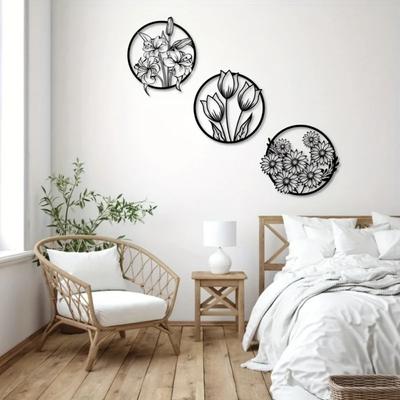 1ks velká květinová nástěnná umělecká sada – kovové nástěnné umění do obývacího pokoje, elegantní domácí dekorace s květinovým designem, krásná nástěnná dekorace
