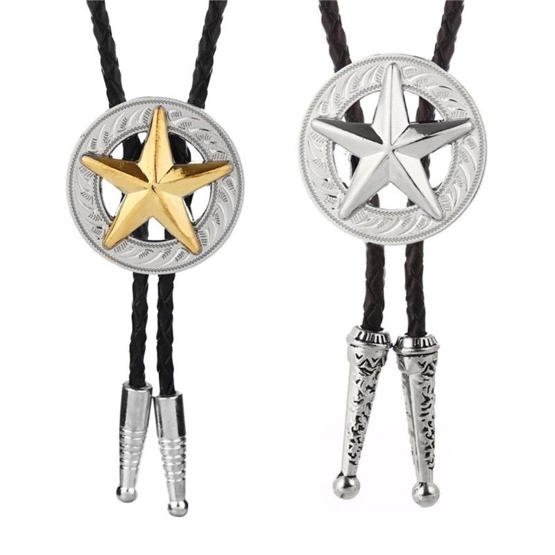 Vintage Metal Star Badge Pendant Cowboy Bolo Tie Western Faux Leather Rope Necktie Jewelry Shirt Collar Chain Necklace