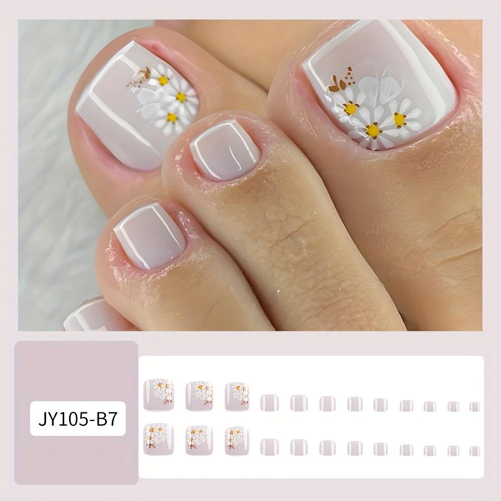 24-Piece Short Square Shape Glossy Purple Flower Pattern Nail Wraps - Fashionable French Floral Nail Forms for Toes with Glossy Finish