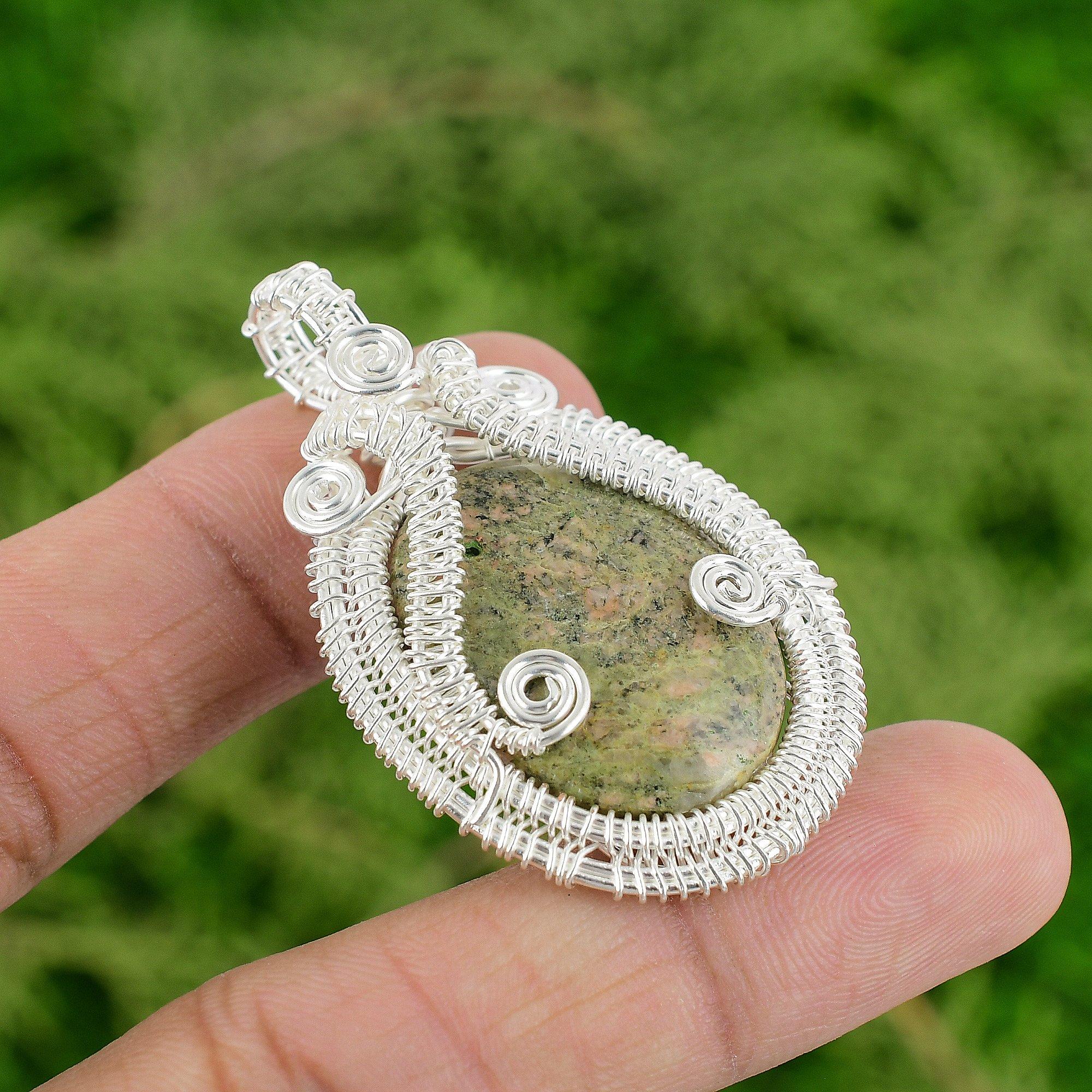 

Natural Unakite Sterling Silver Anniversary Wire Wrapping Bezel Pendant Jewelry