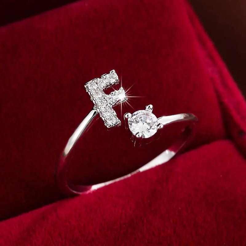 26 English Letter Micro-set Zircon Fashion Women's Ring, Copper-plated 14K Open Plain Ring