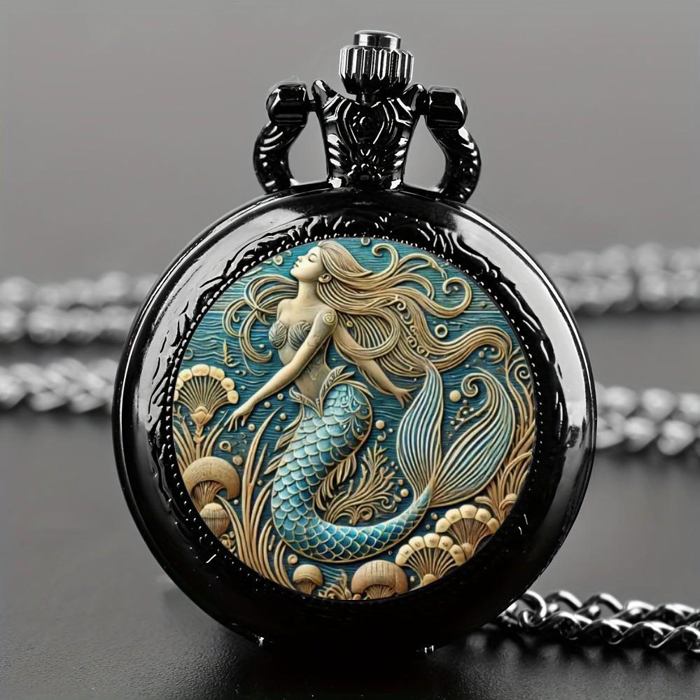 

Изысканный винтажный дизайн карманных часов с узором русалки и ожерельем, часы с точным кварцевым механизмом, отличный подарок для женщин и девушек чёрный