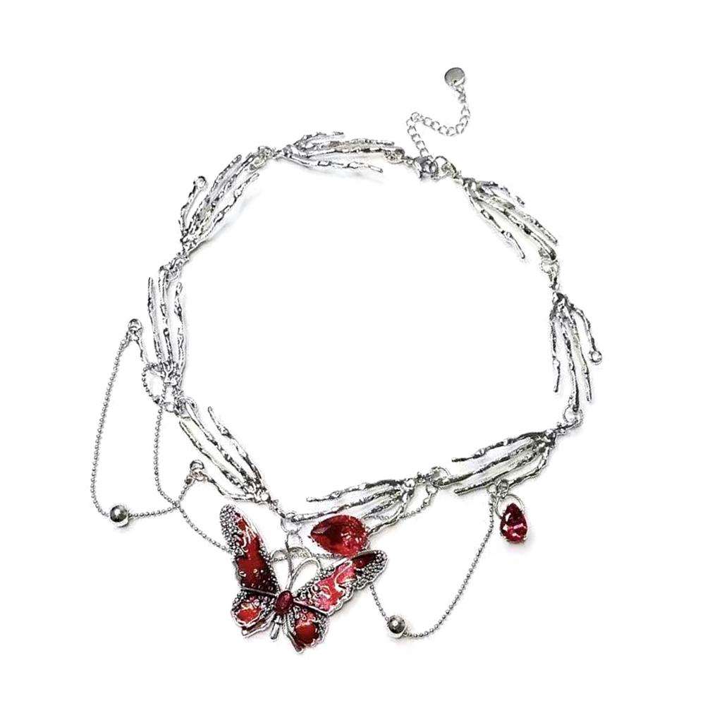 Red Enamel Butterfly Tassels Multi Layer Necklace Elegant Adjustable Length Neckchain Alloy Jewelry Gift for Women