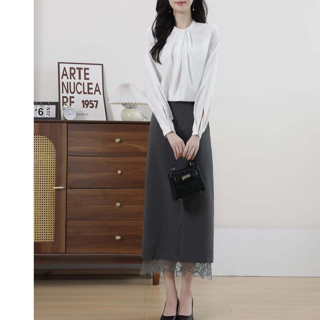 Sueeya Tuck Gathered Puff Sleeve Long Office Entrance Ceremony Women's Blouse, Top, Sleeve, Wear, Elegant, Versatile, Cute, Formal, Office, Commuting,