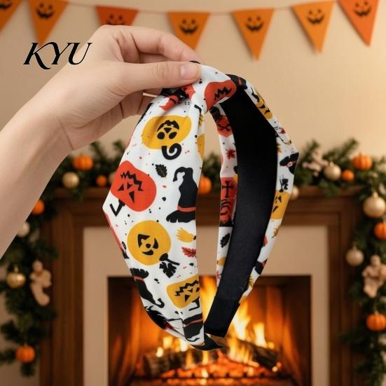 Non Slip Hair Hoop for Girls Halloween Headbands Women Girls, Wide Knotted Headband with Witch Spider Web Ghost Pumpkin, Accessories Party Cosplay,