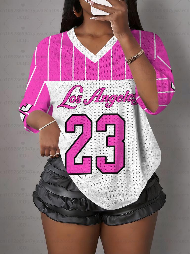 Women's Los Angeles NO.95 Print V-Neck Short Sleeve T-Shirt Summer Graphic Tee Baseball Jerseys Plus Size Sport T-Shirt