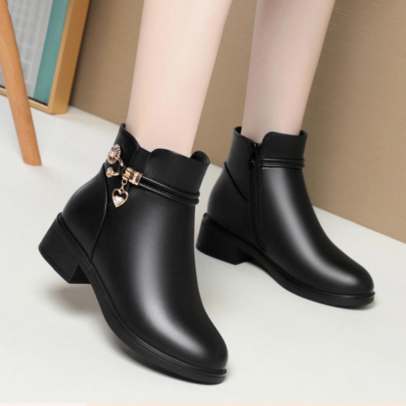 Dames PU-lær chunky hæl flate ankelstøvletter, mamastøvletter med fleecefôr, sklisikre og varme