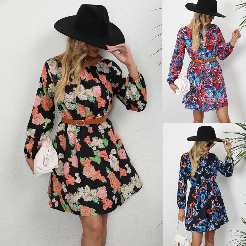 Autumn Women's Printed Waist Closed Round Neck Long Sleeve Dress