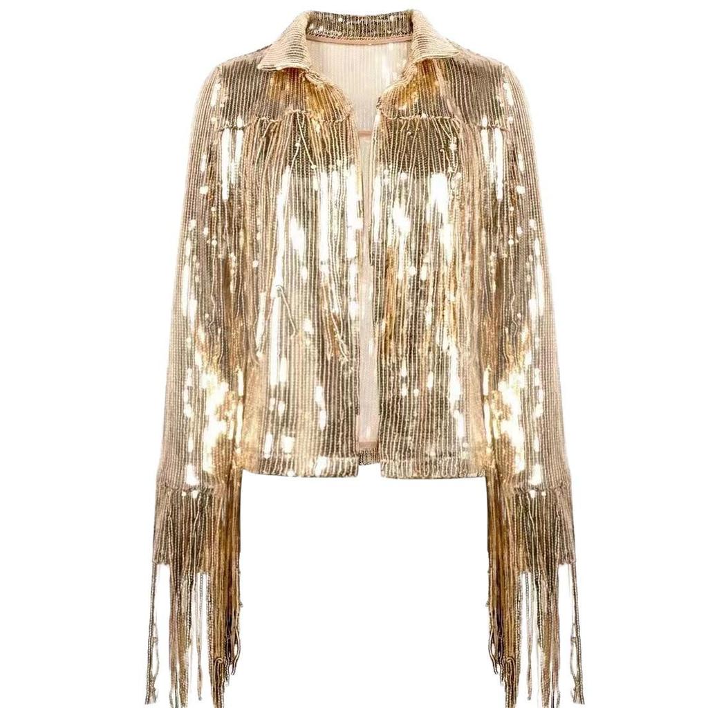 Women's Shiny Sequin Tassel Jacket - European & American Style, Beaded Celebrity Top with Lining