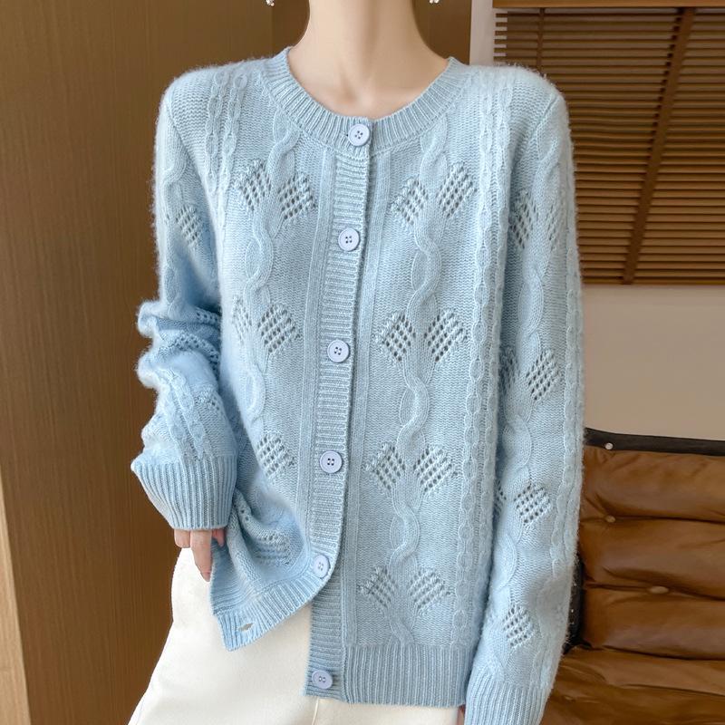 Women's Thick Wool Knit Cardigan - Solid Color, Crochet Hollow Design, Round Neck for Autumn and Winter