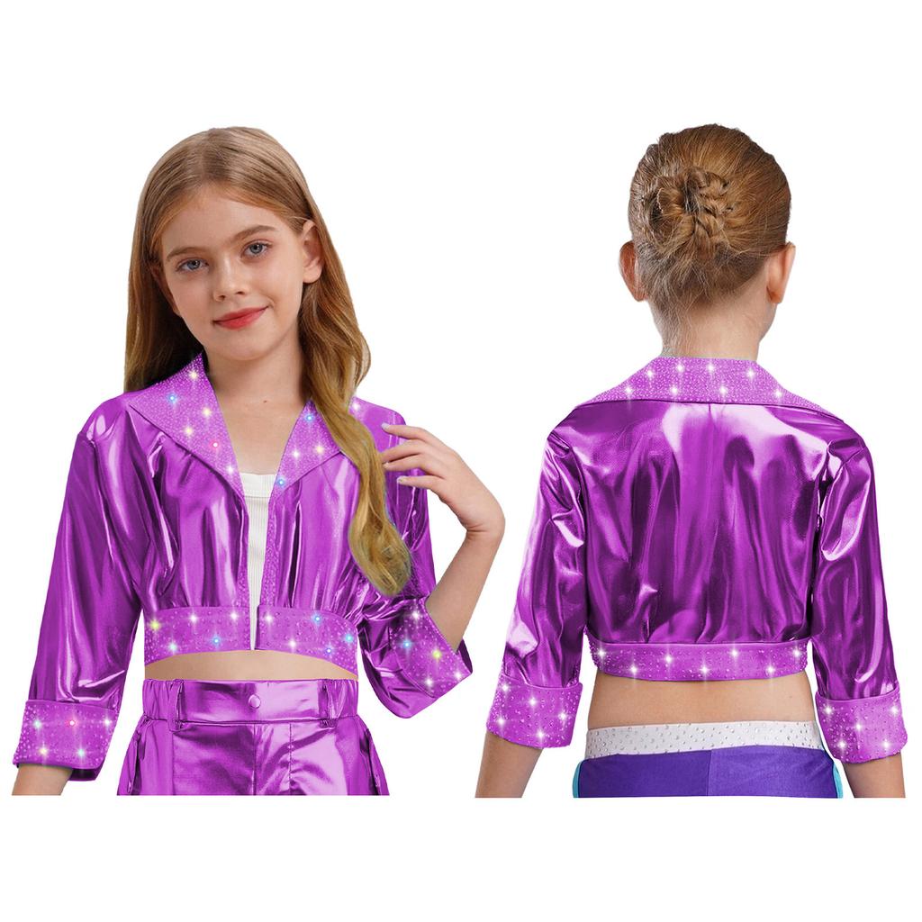 Kinder Bühnenauftritt Jacke Mädchen Jazz Dance Oberbekleidung Glänzende Strasssteine mit Reverskragen