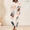 Women Plus Size Round Neck Long Sleeve Printed Longline Top Fitted Pants Two Piece Set White Blue Green