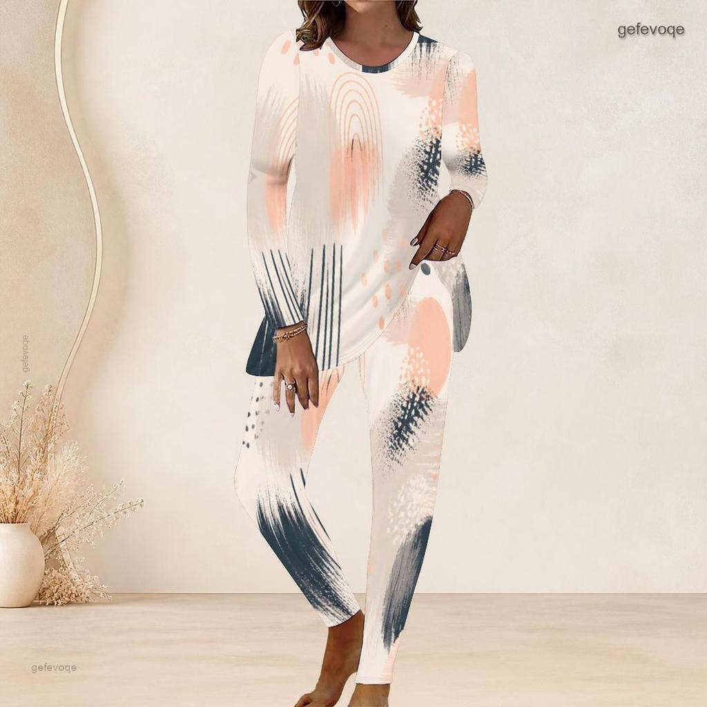 Women Plus Size Round Neck Long Sleeve Printed Longline Top Fitted Pants Two Piece Set White Blue Green