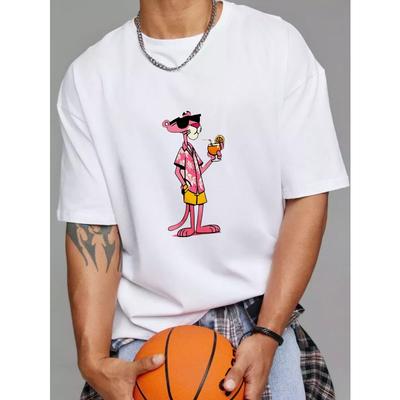 T-shirt Girocollo Bianca Personaggio Cartone Animato Pantera Rosa con Cocktail Abbigliamento Estivo da Spiaggia