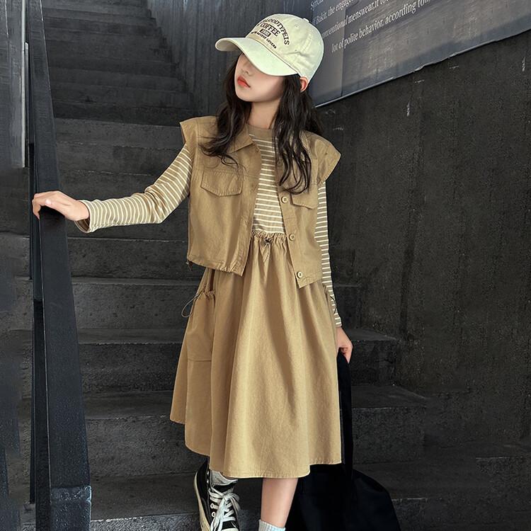 Girls Dress Set Spring Autumn Children's Long-sleeved Striped Dress and Vest Suits Fashion Splicing Kids Clothes Outfits