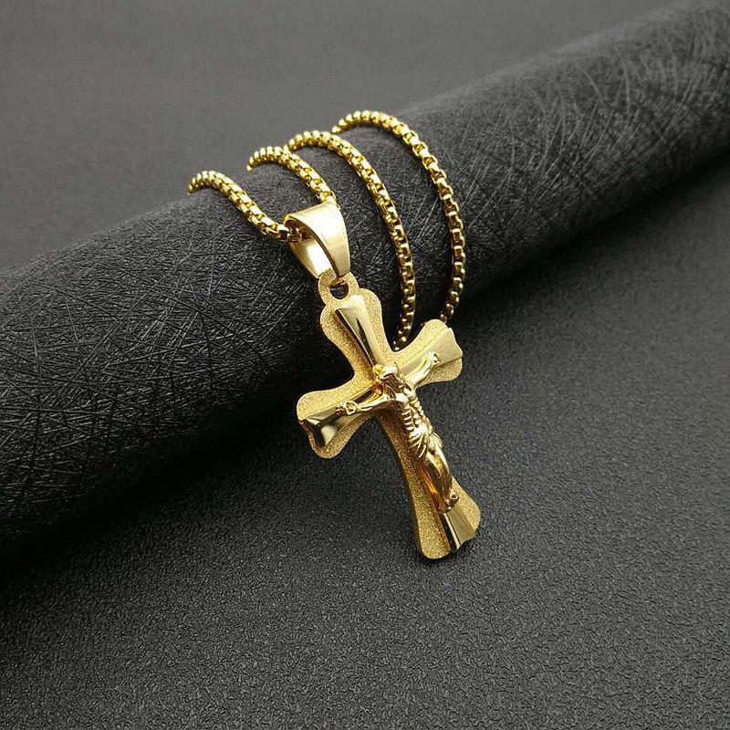 316L Stainless Steel 18k Gold Plated Christian Jewelry Charm Necklace Jesus Cross Pendant