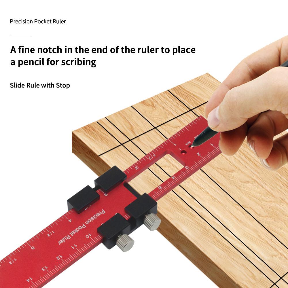 Woodworking Precision Pocket Ruler Aluminum Slide Ruler Inch and Metric T-Scribe Ruler Square Layout Tool with Slide Stop