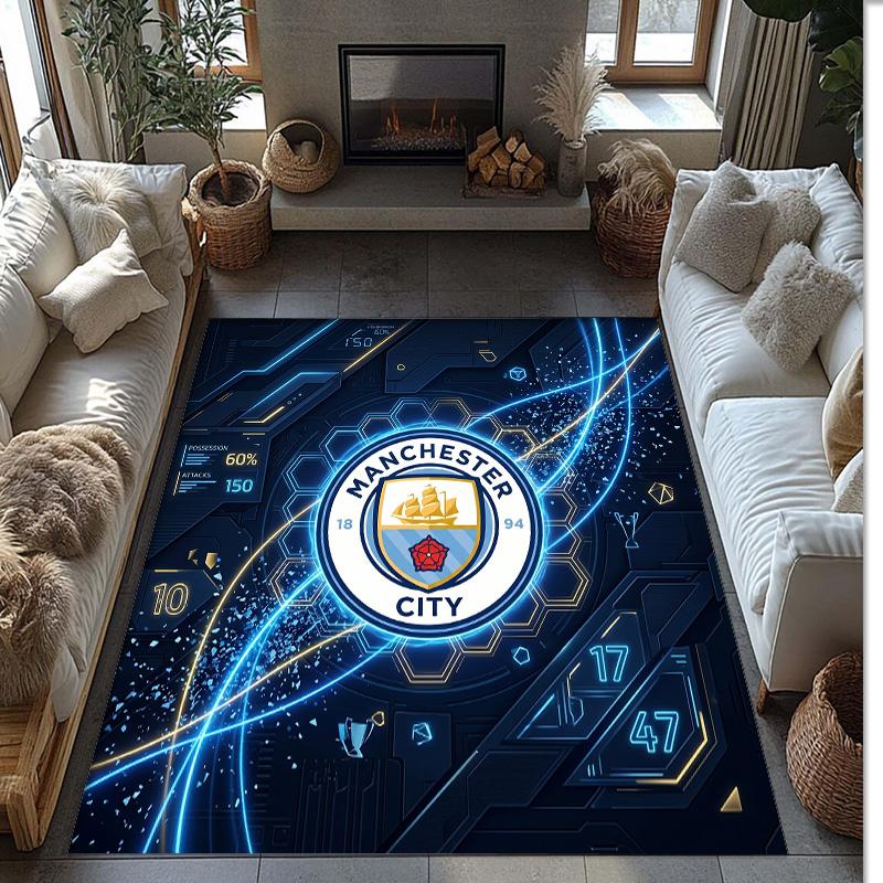 Manchester City Printed Flannel Area Rug Non Slip Soft Polyester Floor Carpet Indoor Decor Mat for Bedroom Living Room Sofa
